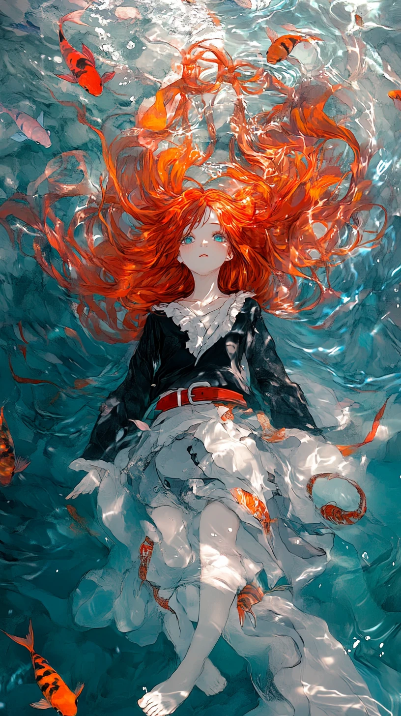 Anime girl floating on rippling water with colorful fish