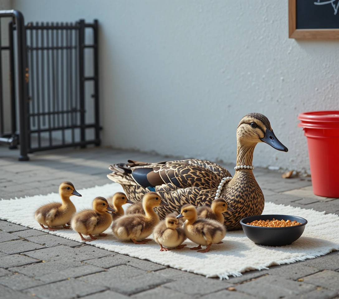 Mother duck with ducklings on grey pavement by red tub