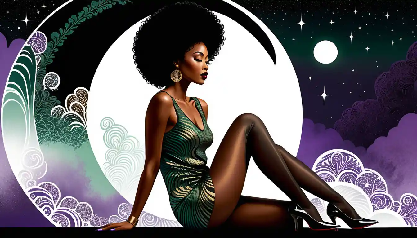 Afro haired woman kneeling in surreal lunar illustration