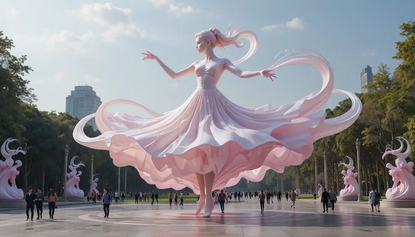 Ethereal latex dancer sculpture spinning in a fantasy park