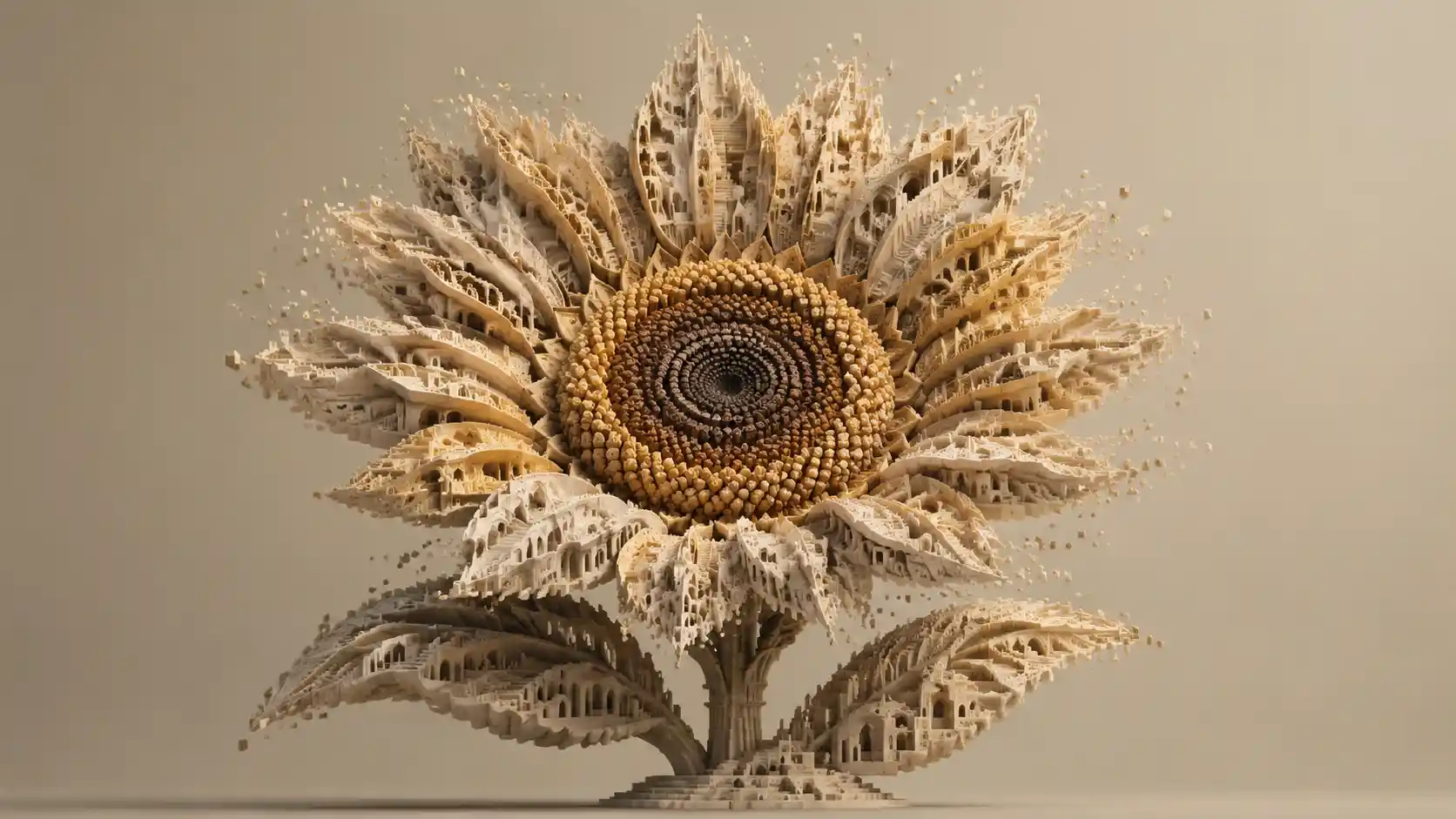 Architectural sunflower sculpture made of staircases and arches
