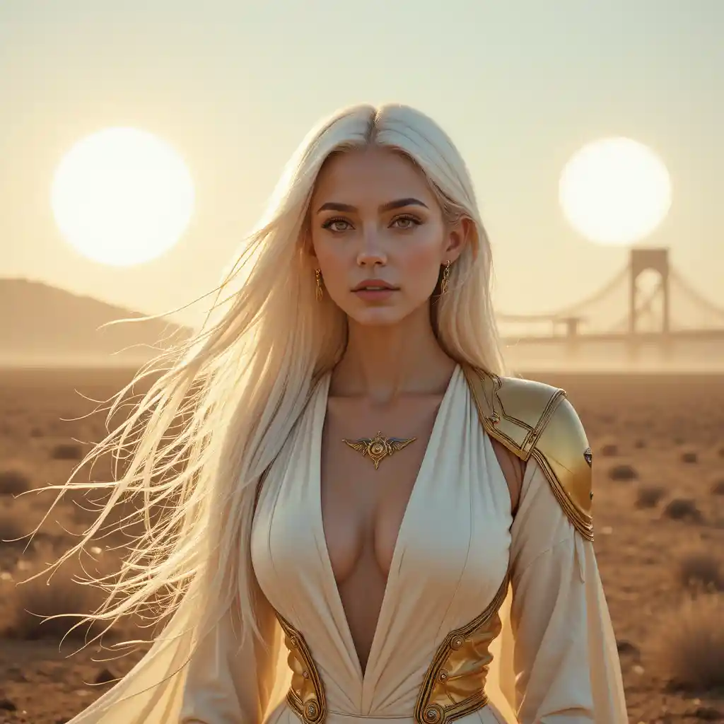 Elegant space heroine on windswept plains under twin suns