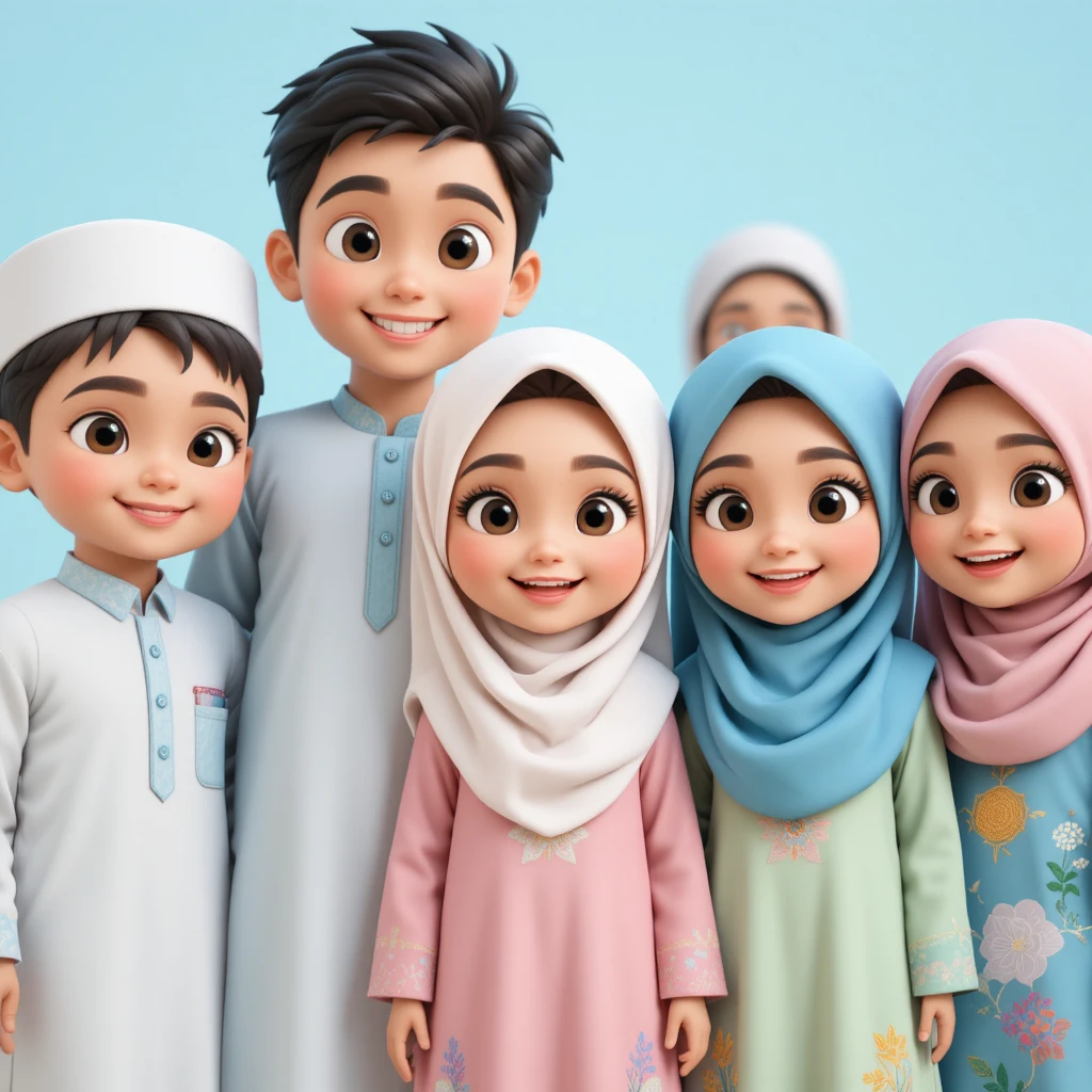 Smiling 3D cartoon children in Islamic traditional clothing
