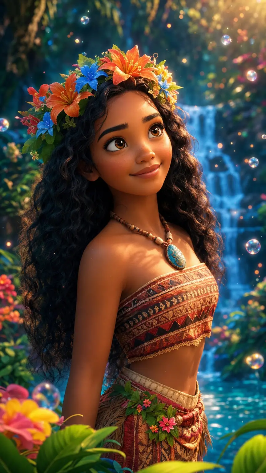 Young island girl smiling in a magical jungle