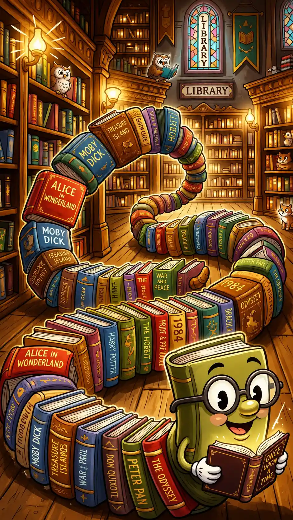 Colorful bookworm made of stacked storybooks in a library