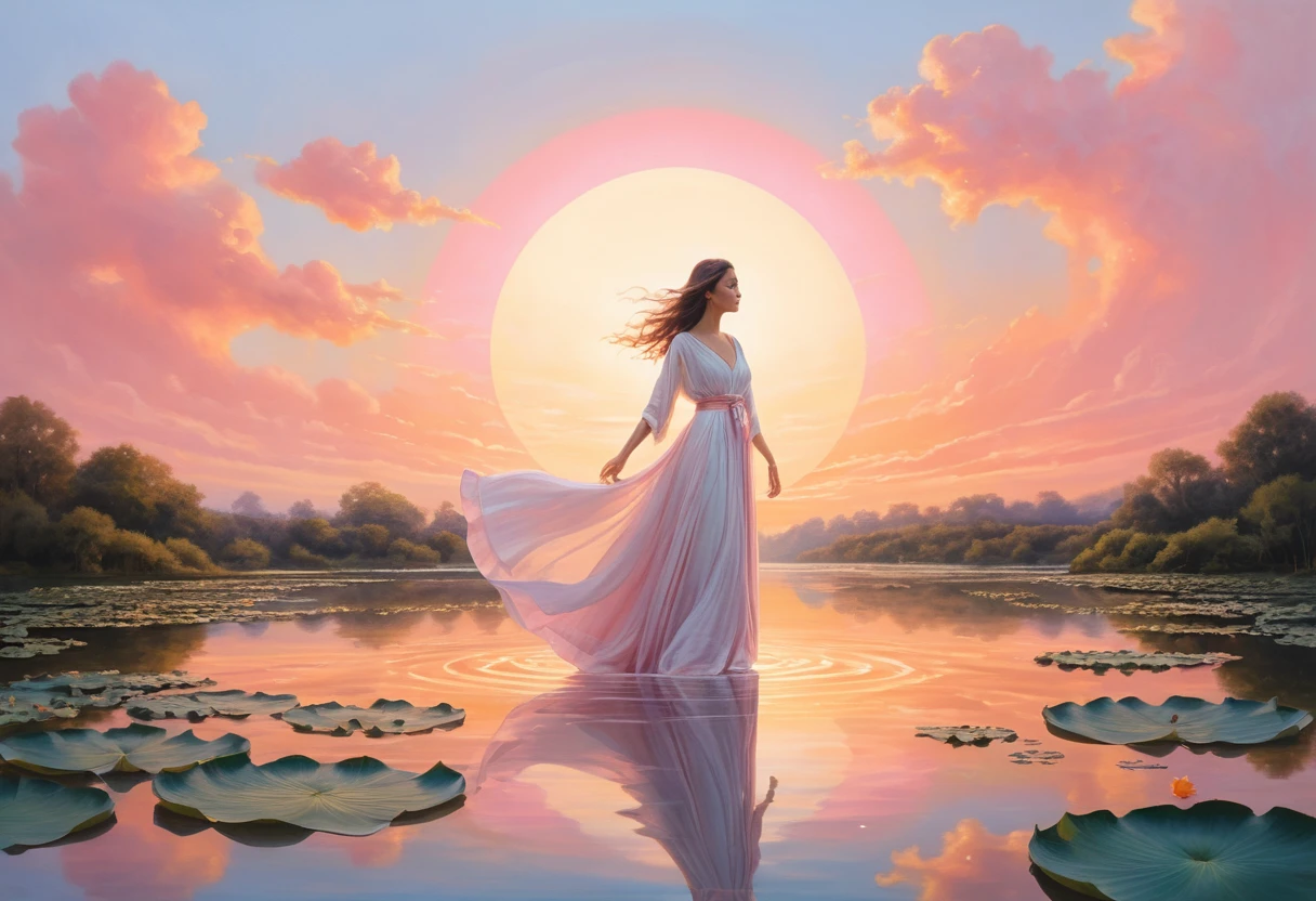 Woman in flowing dress standing over tranquil reflective water