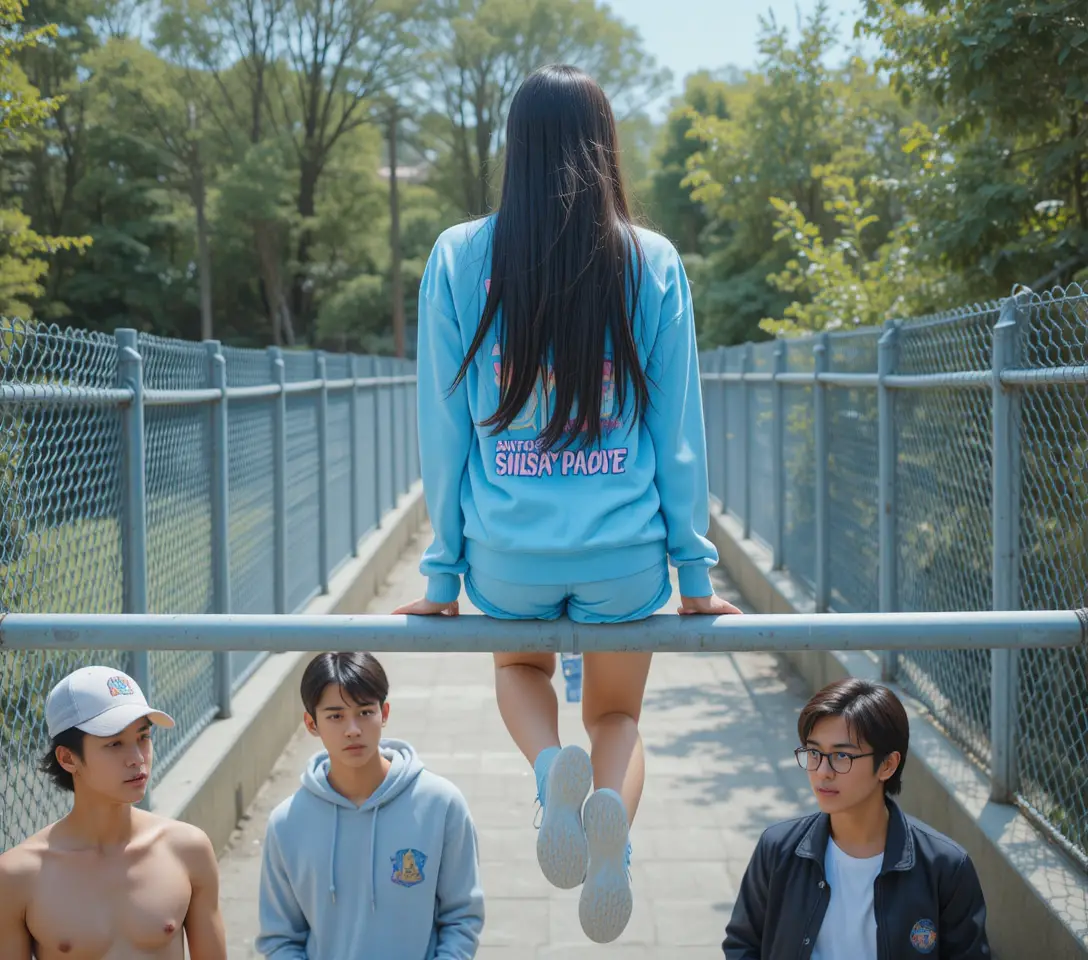 Young woman on railing above group in urban park