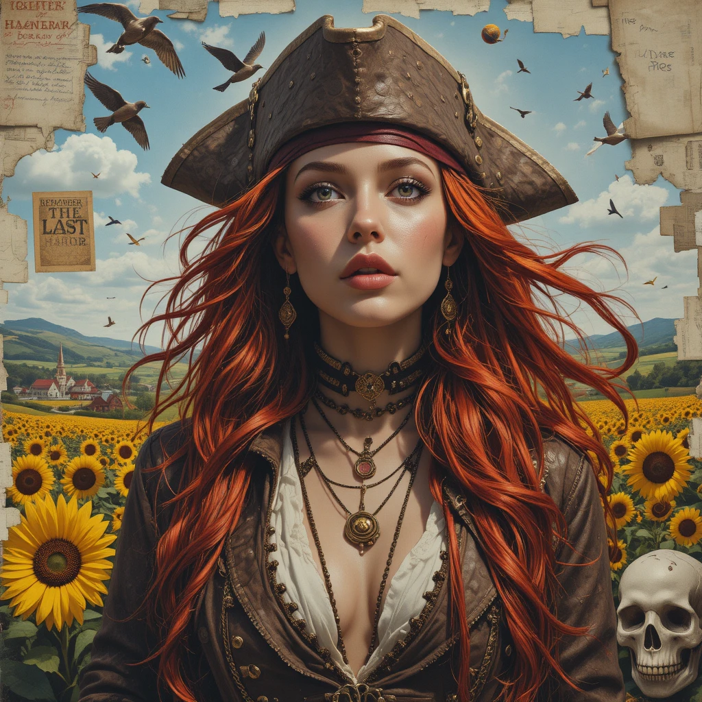 Misteriosa pirata ruiva em colagem surreal em close-up