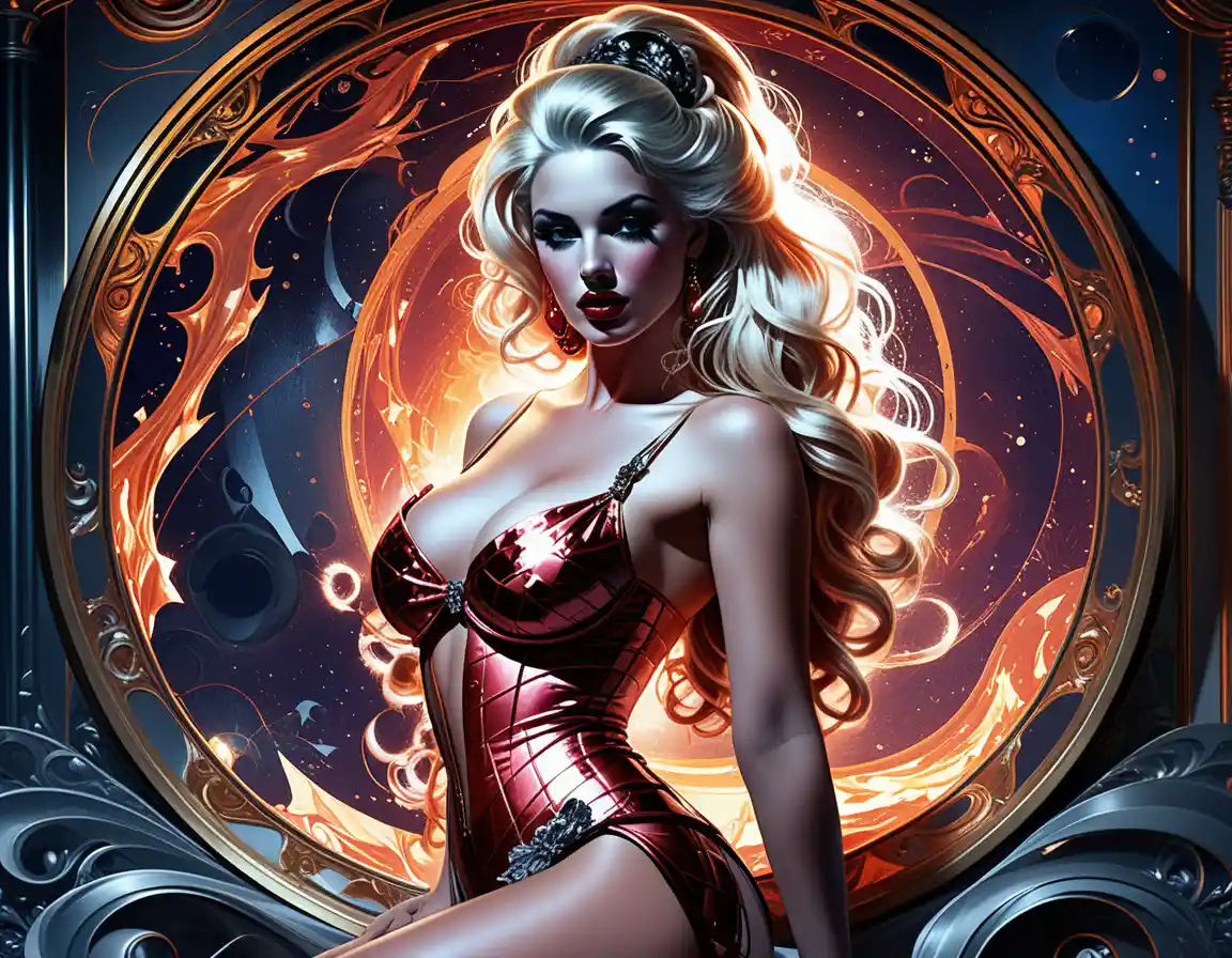 Platinum blonde fashion woman in baroque pinup pose