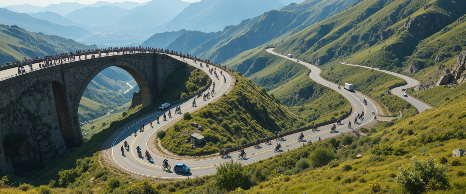 Aerial view of cyclists on winding mountain road