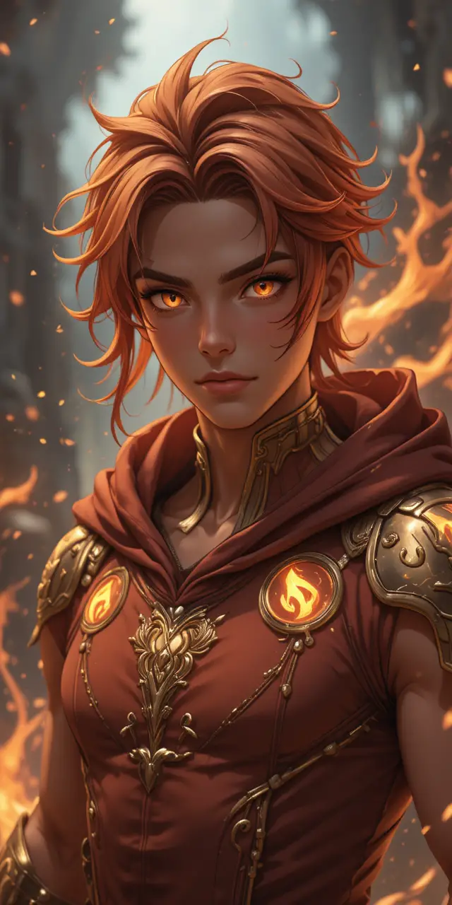 Fiery archer demigod with phoenix wings in anime style