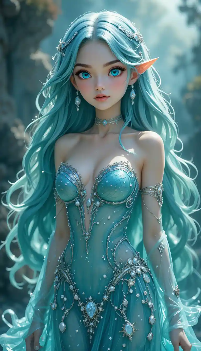 Graceful mermaid nymph woman with turquoise eyes and flowing hair