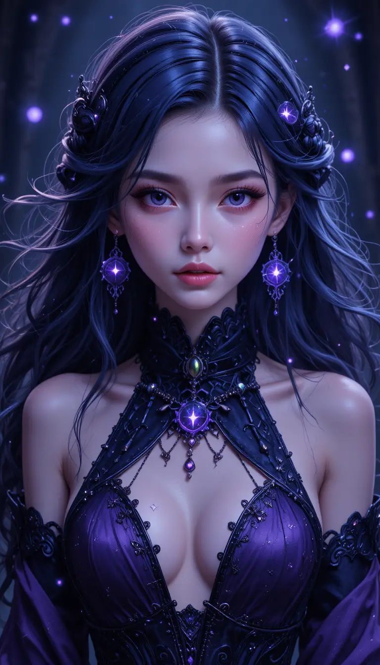 Young anime witch girl with glowing violet magic runes