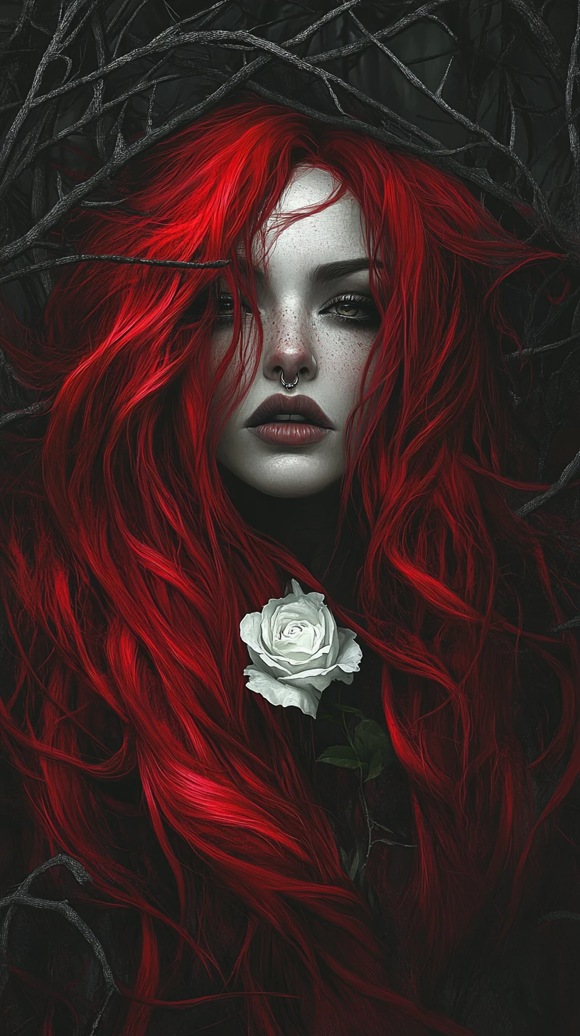 Gothic portrait of a red haired woman with white rose