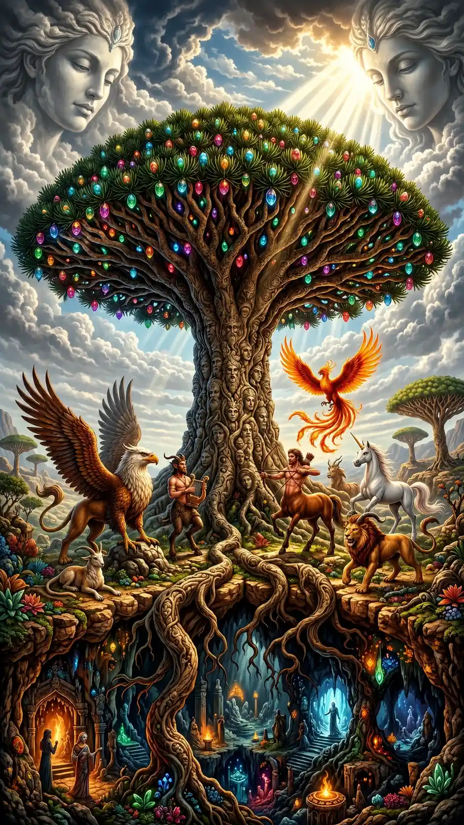 Ancient dragon tree with gathered mythical spirits in sunlight