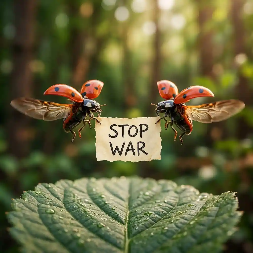 Macro shot of two flying ladybugs holding stop war sign