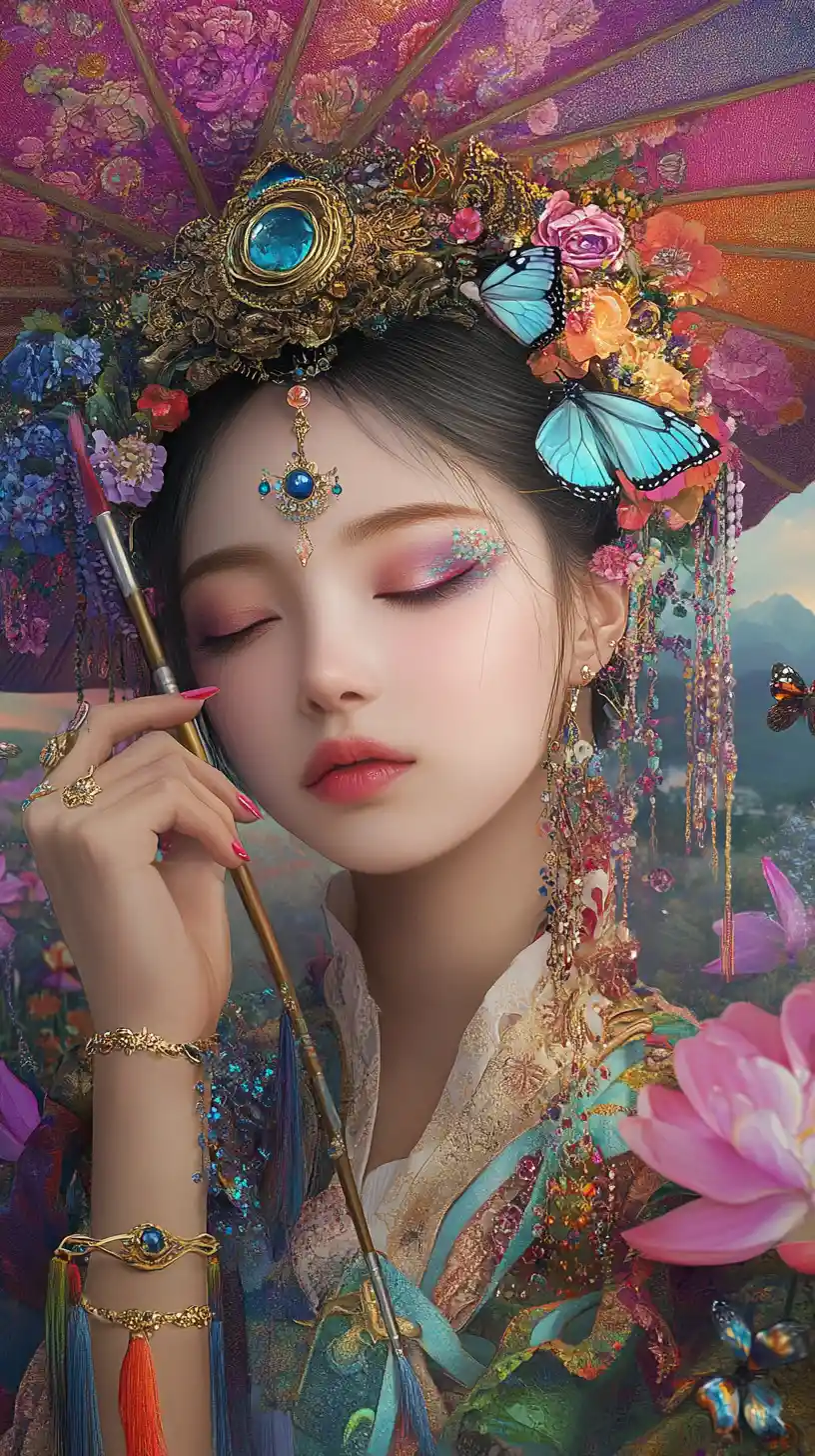 Fantasy woman with rainbow makeup under ornate parasol