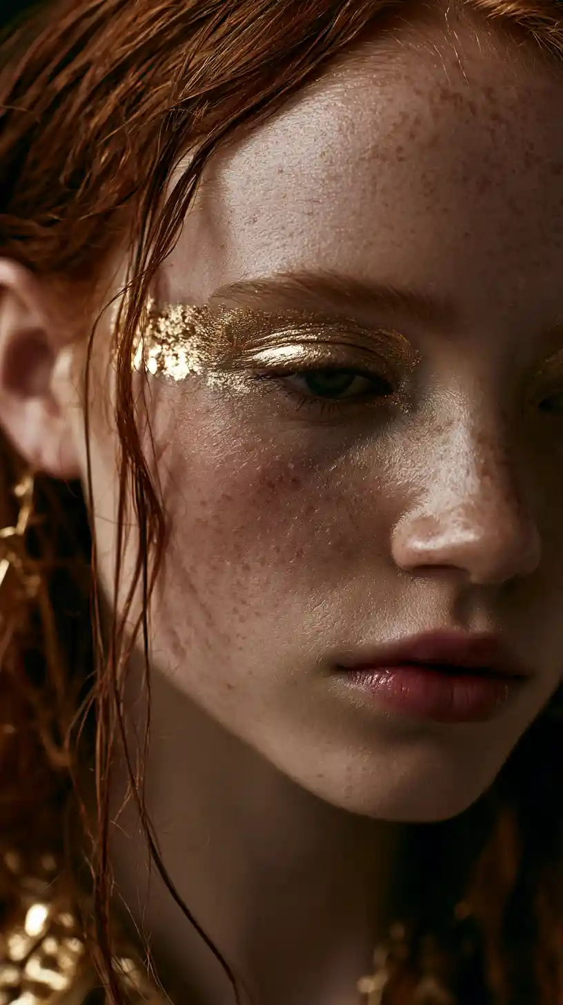 Red haired woman in cinematic close up portrait with gold makeup
