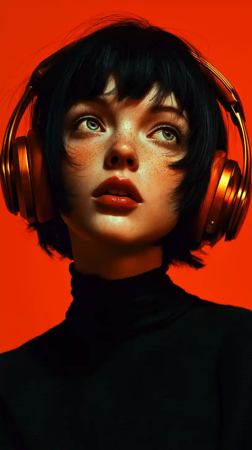 Young woman in headphones with dreamy cinematic stare