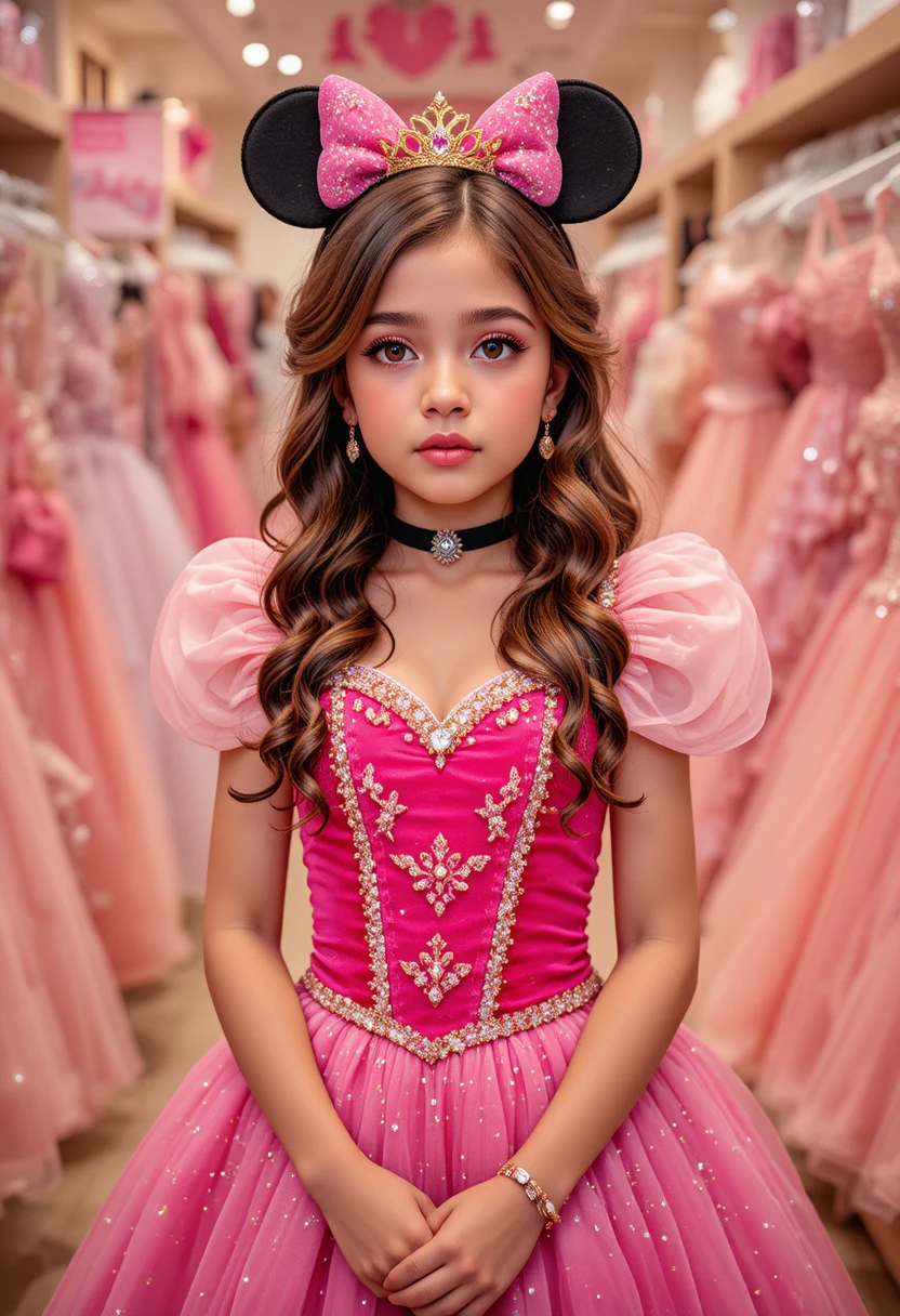 Nervous tween in pink Minnie dress transformed into princess
