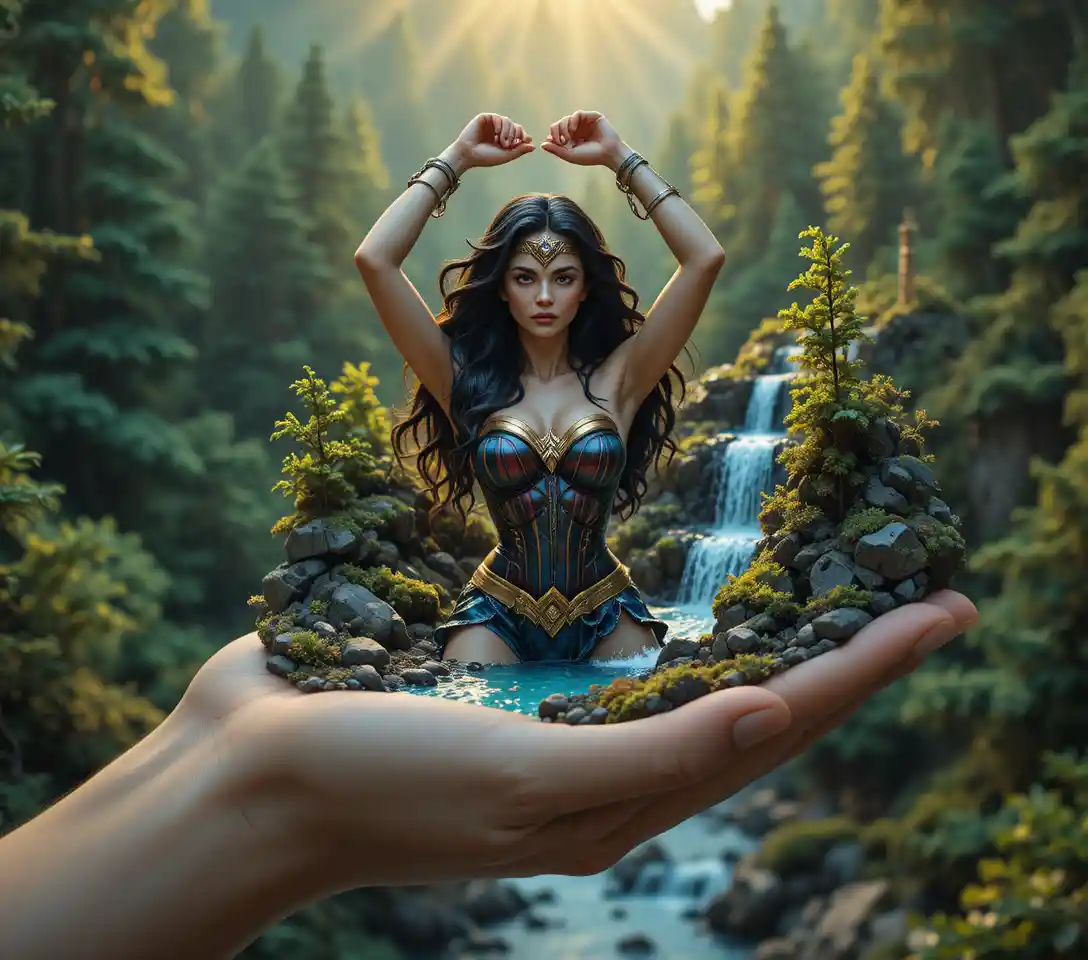Miniature forest world cradled gently in a human hand