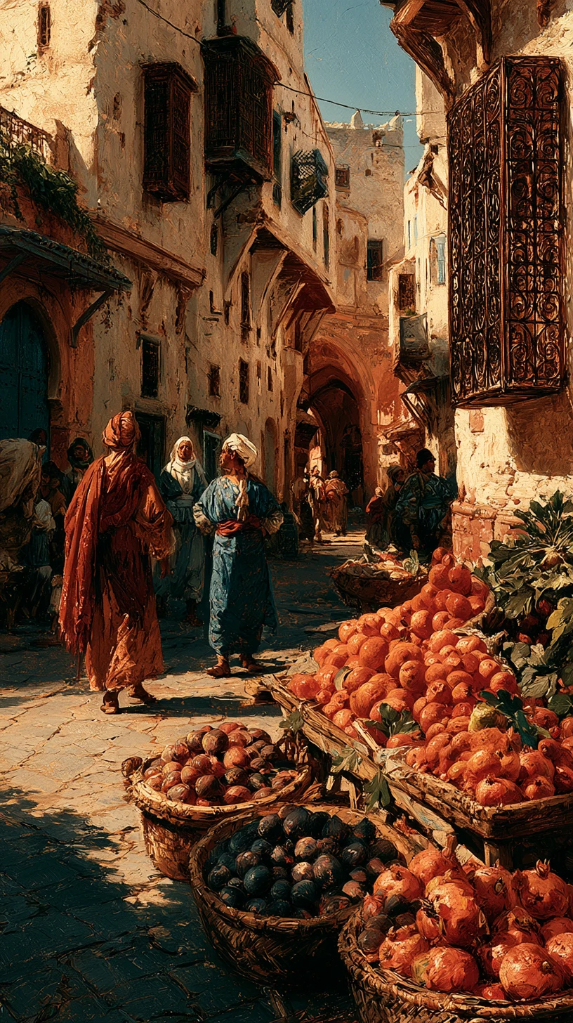 Crowded Algerian casbah street at golden hour in oil painting