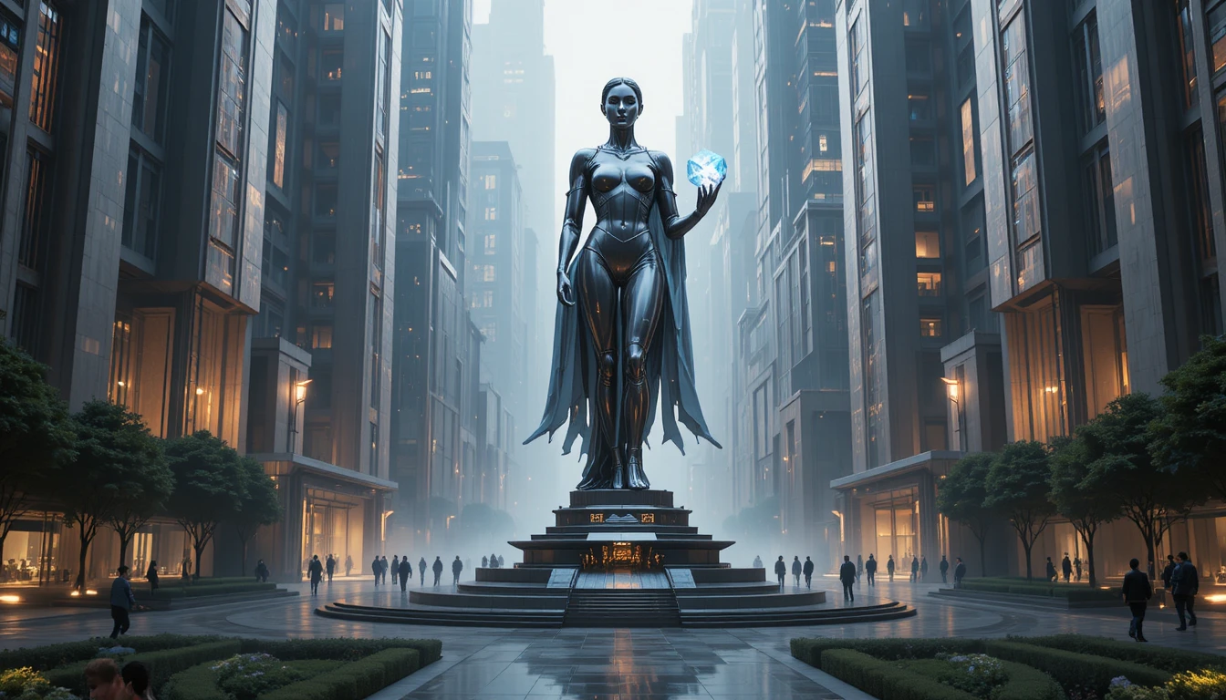 Futuristic latex guardian statue in a luminous civic square