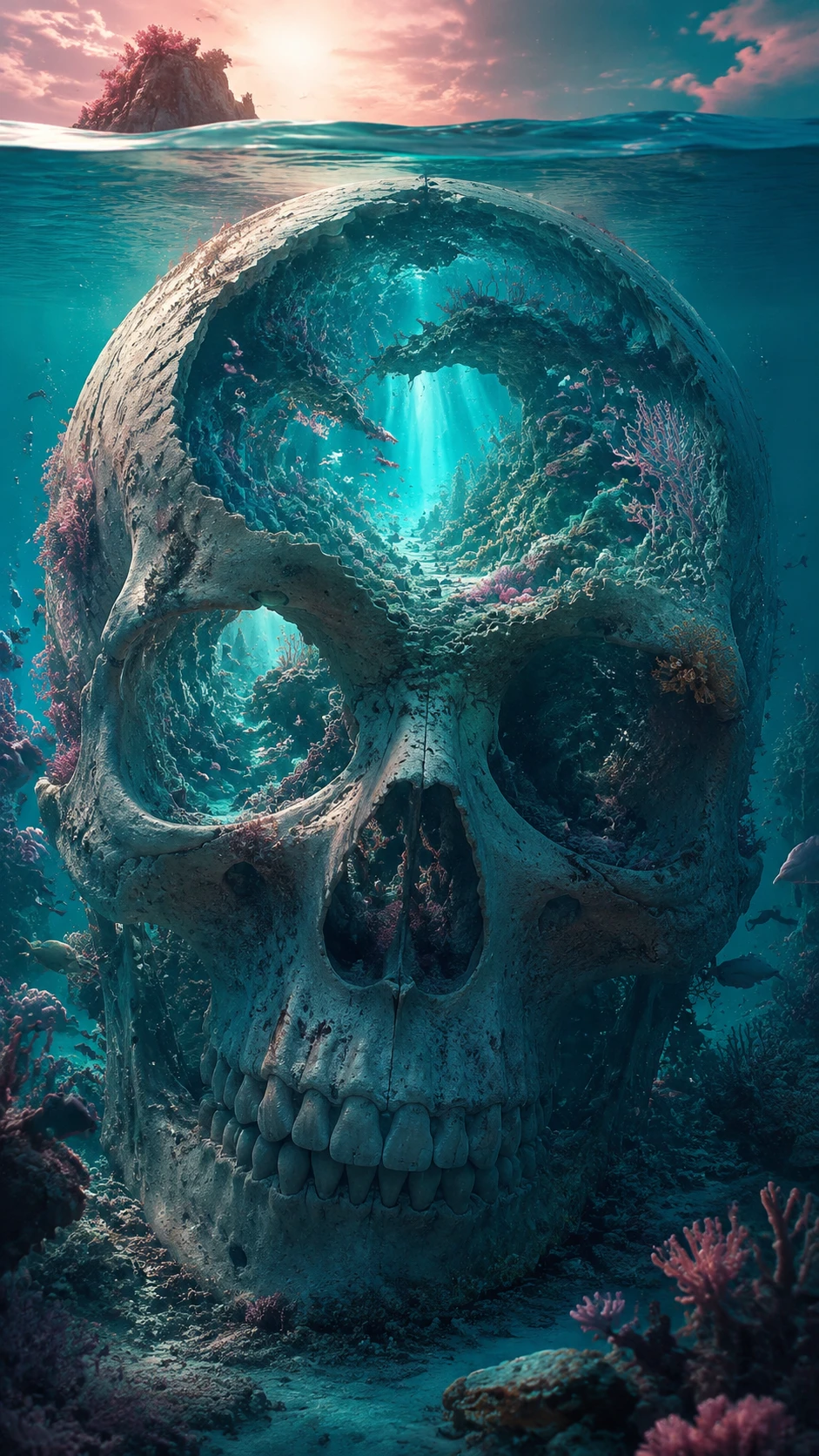 Giant Submerged Skull With Glowing Underwater Ecosystem