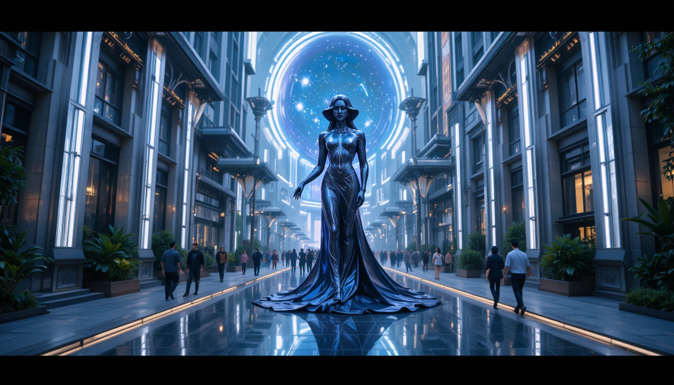 Latex traveler monument in a futuristic urban plaza
