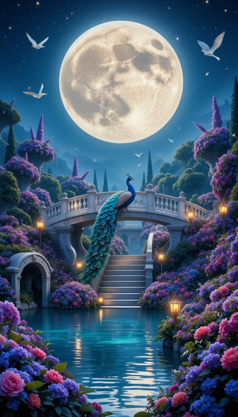 Majestic peacock on a moonlit bridge in enchanted garden