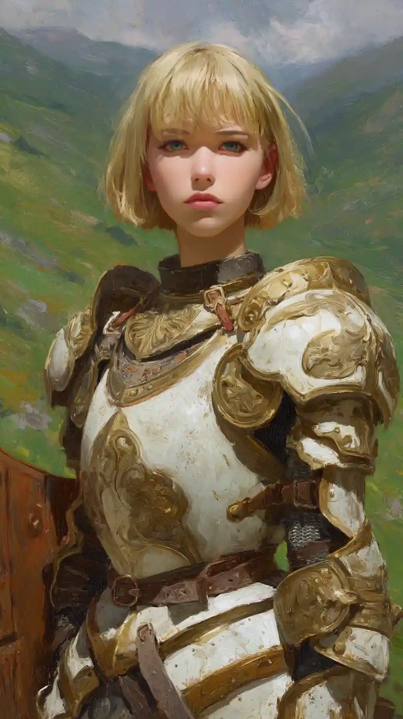 Fantasy paladin woman in ornate armor on grassy hills