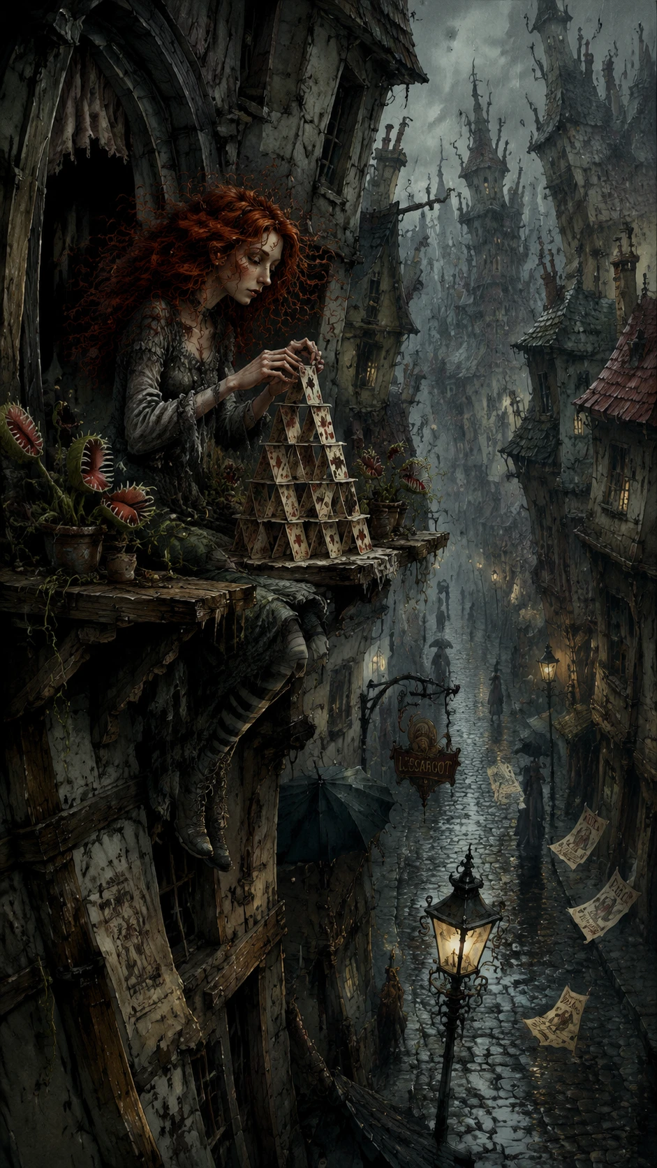 Red haired woman on crooked windowsill in rainy gothic alley