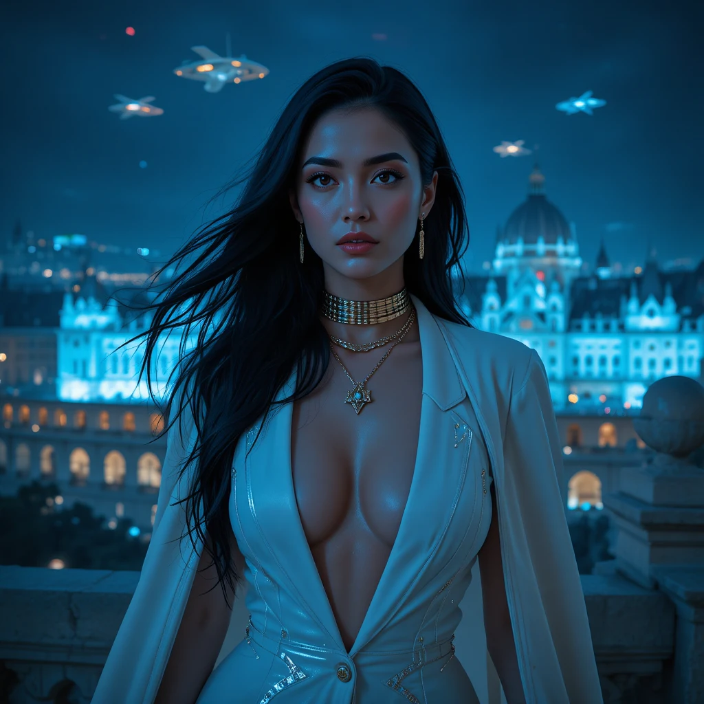 Cinematic sci fi woman in white cloak at blue hour