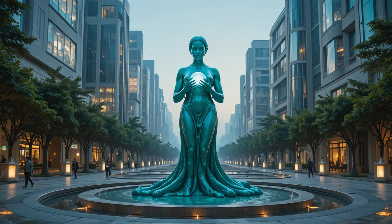 Statue sereine en latex avec cristal lumineux sur une place de la ville