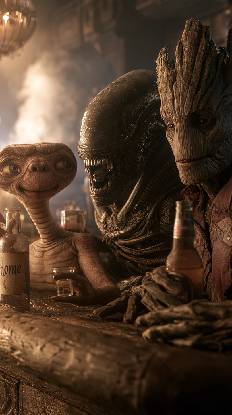 Three aliens sharing drinks at a rustic wooden bar