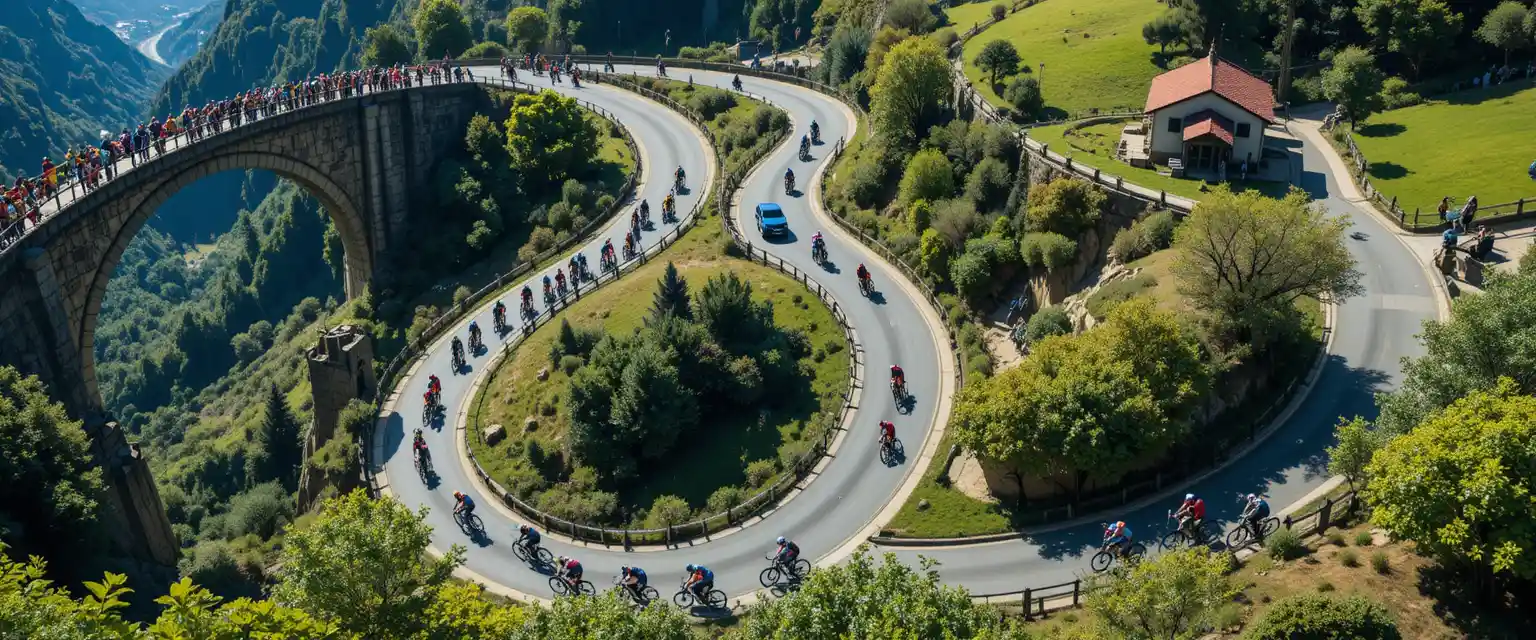 Cyclists Climb A Winding Mountain Road From Above