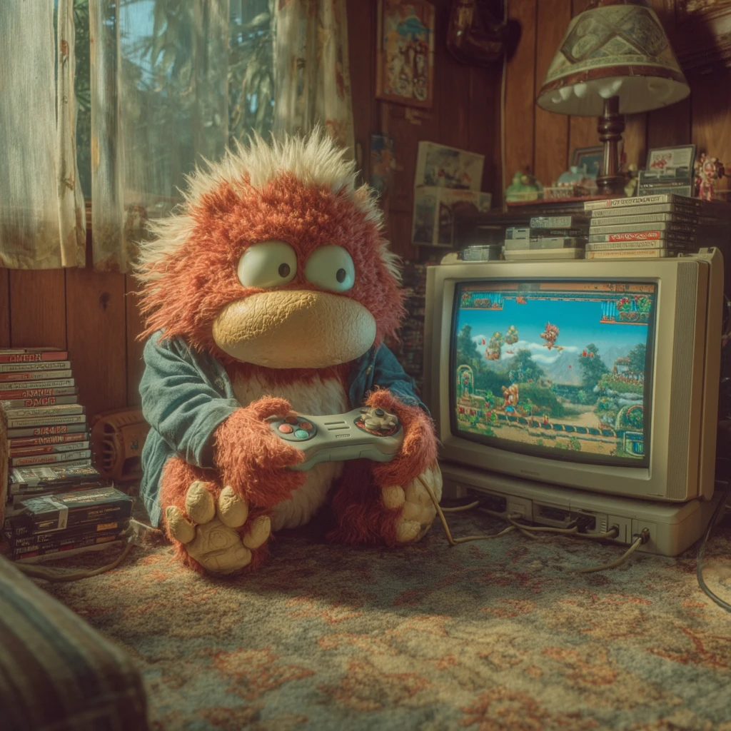 Anthropomorphic red creature gaming in a cozy 90s living room