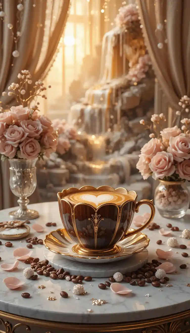 Romantic close up of latte art coffee on marble table