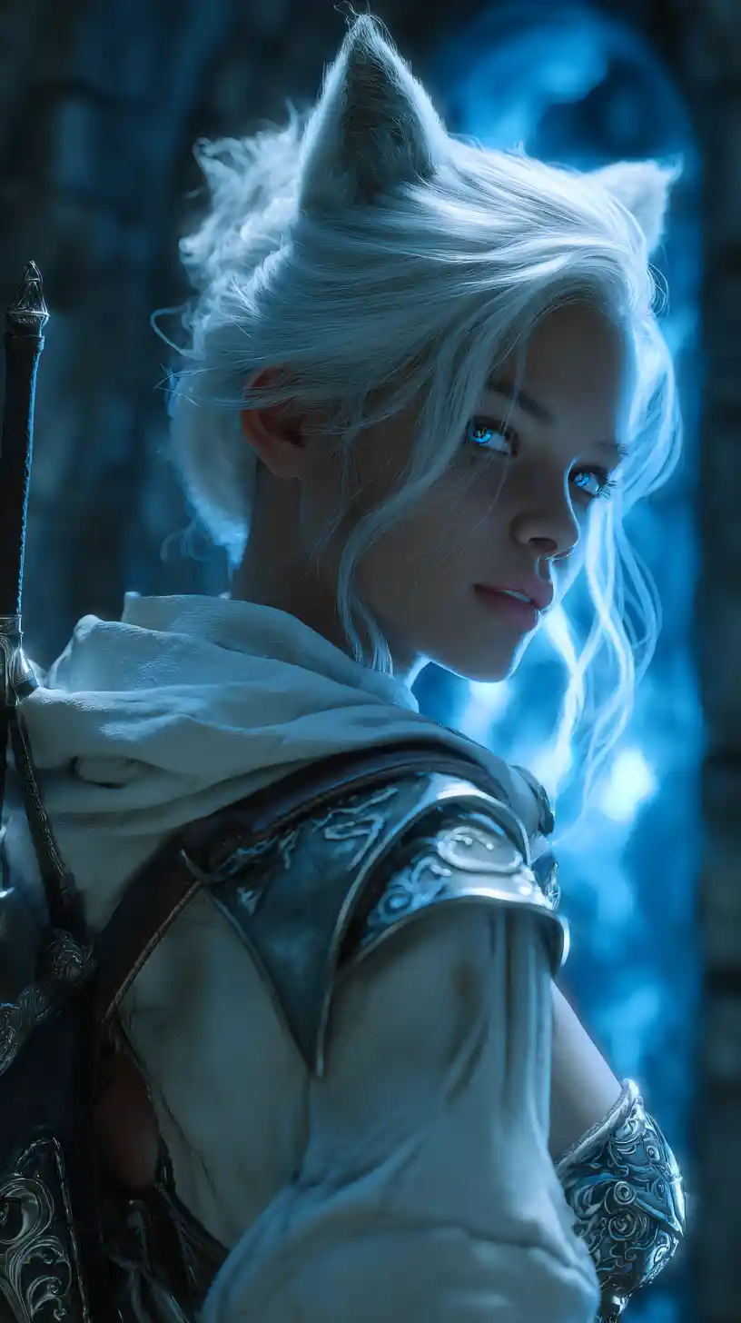 White haired cat eared warrior in glowing stone corridor