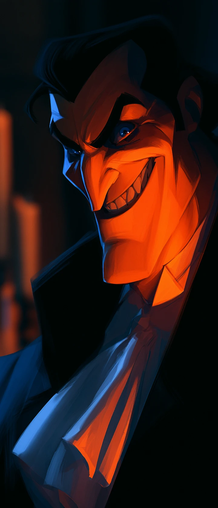 Sinister male portrait with orange skin and sharp grin