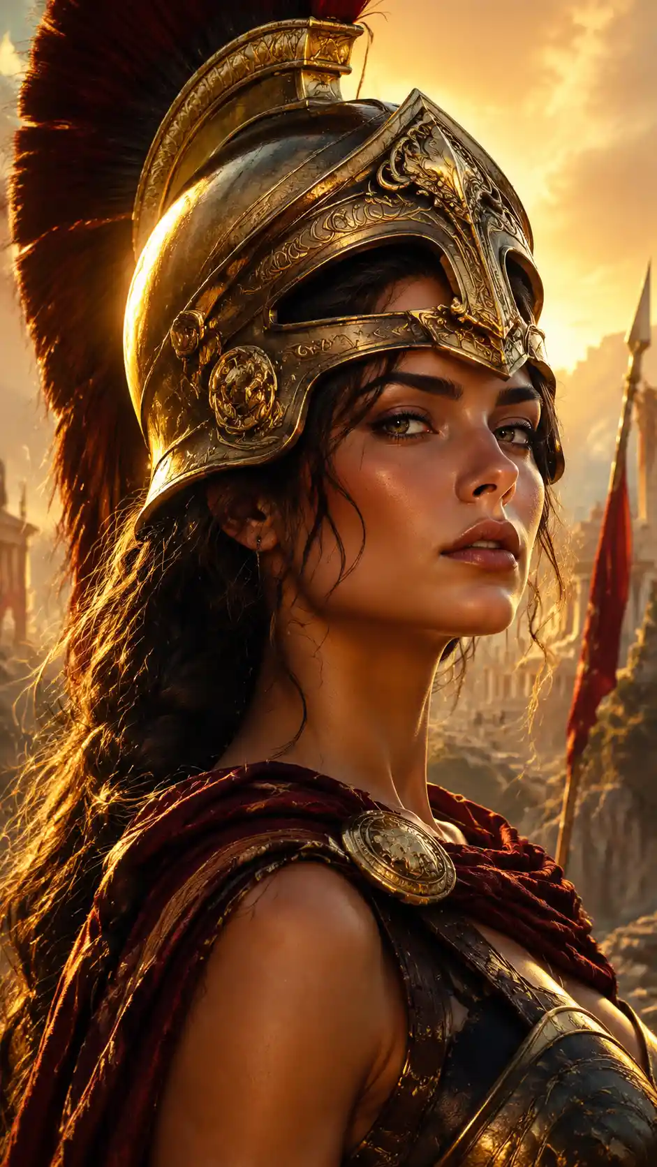 Confident warrior woman wearing a detailed spartan helmet