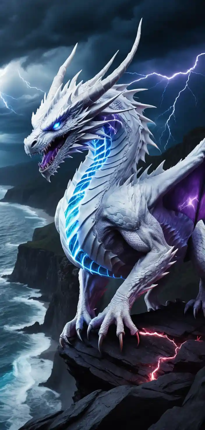White dragon with blue fire eyes on stormy ocean cliff