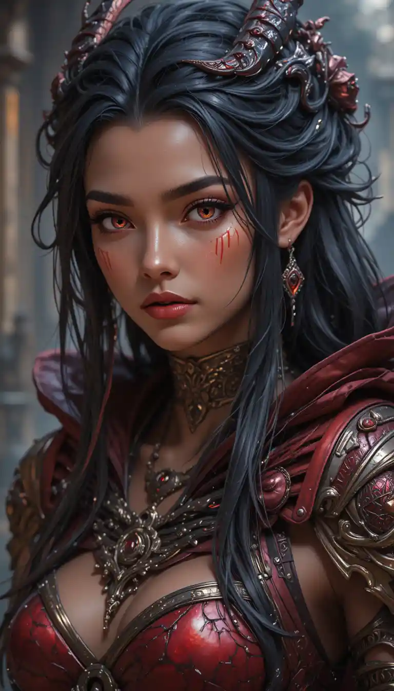 Powerful dragon warrior woman in dark red armor