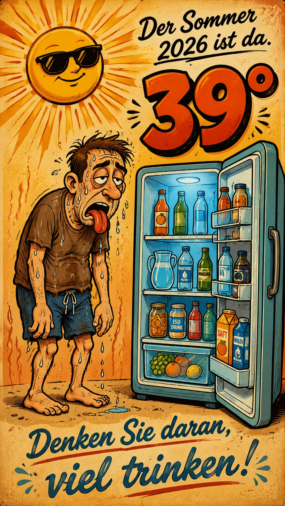 Retro cartoon poster of man in extreme summer heat