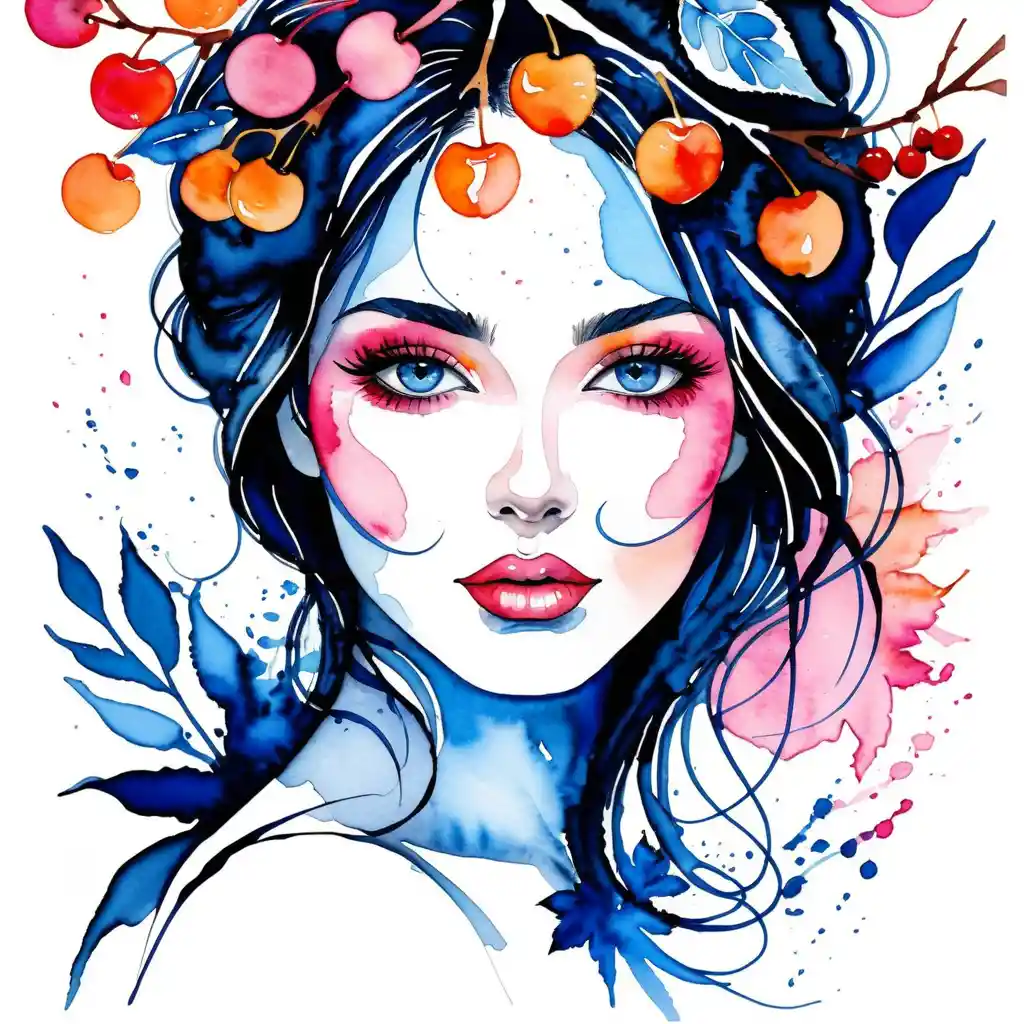 Woman with cherry branch hair in mixed media portrait