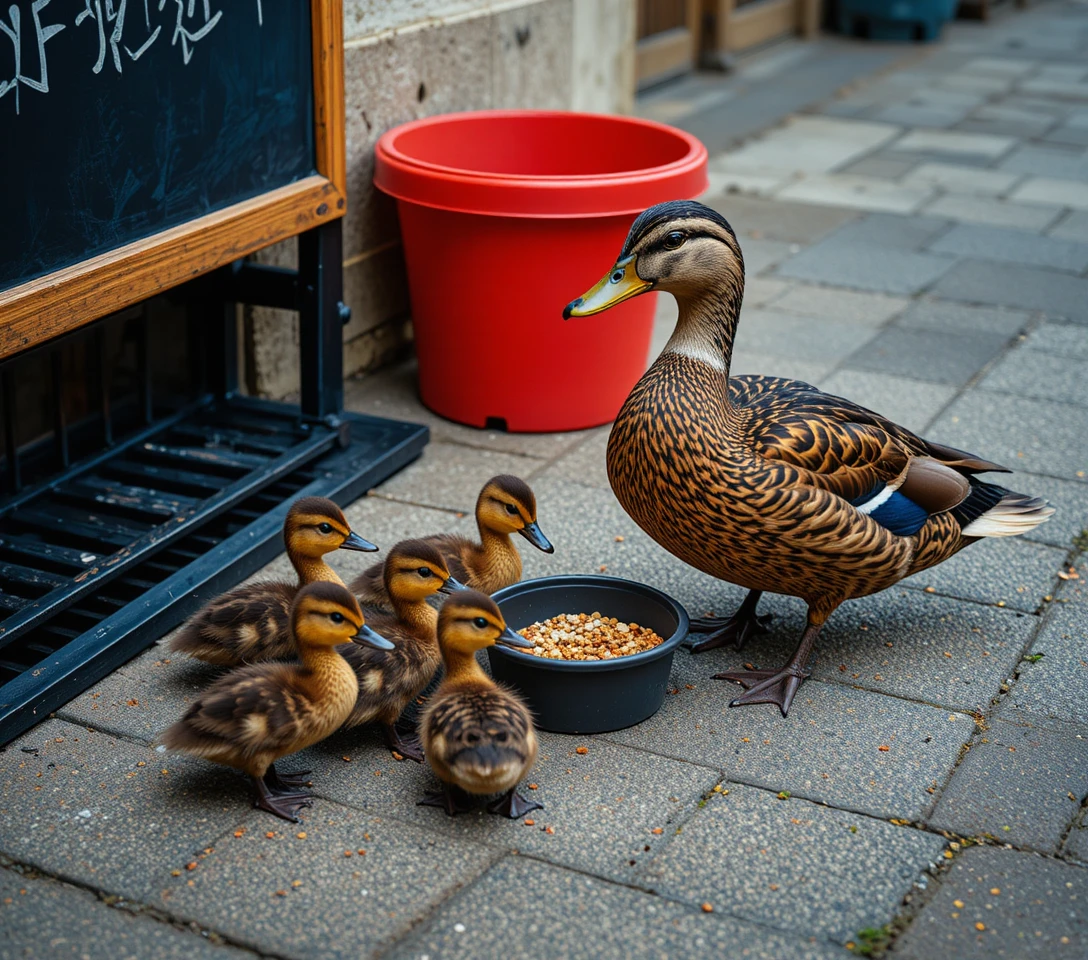 Mother duck with ducklings on urban pavement