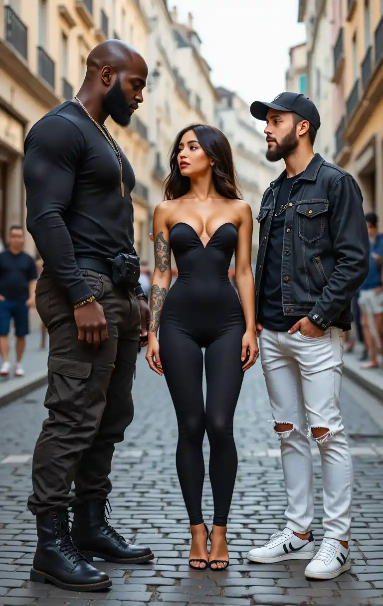 Trio in piedi su una strada europea acciottolata