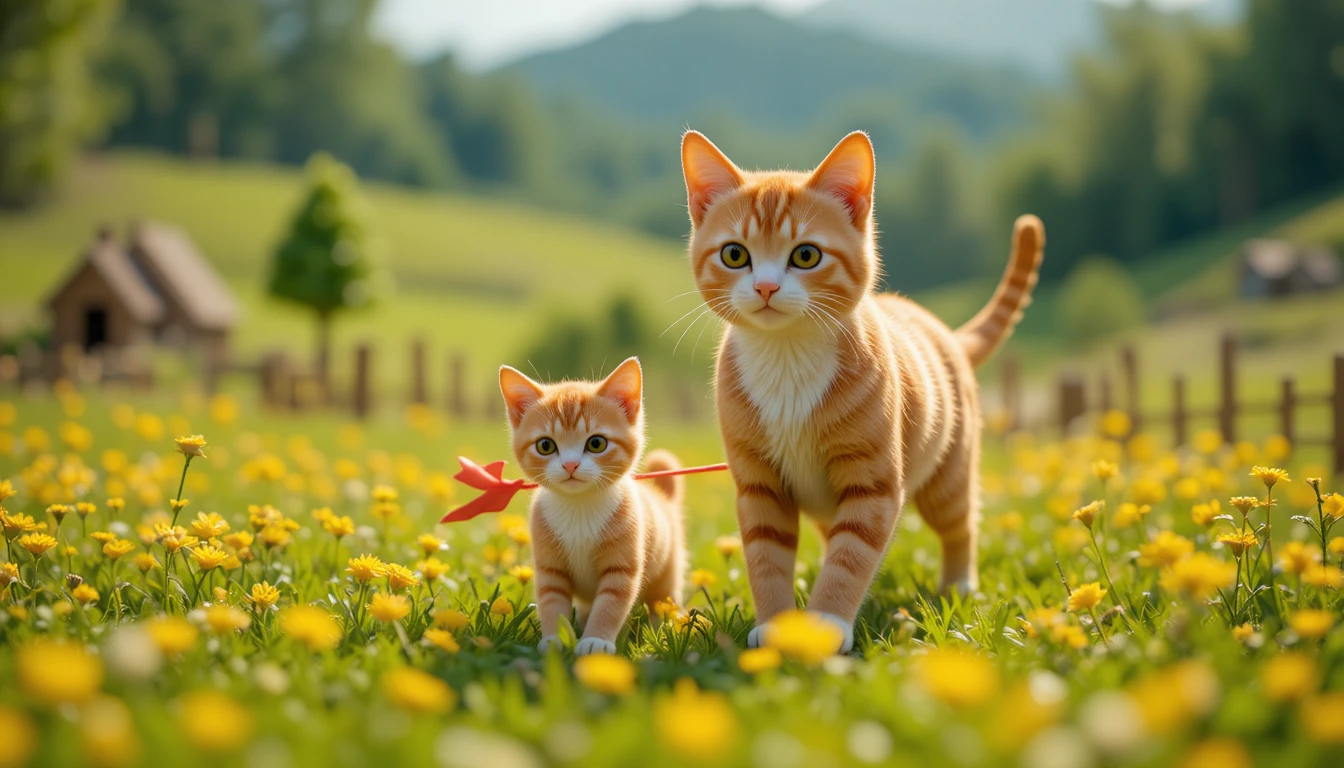 Mother cat and kitten carrying a red kite in meadow