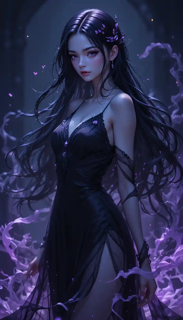 Anime ghost girl with violet eyes and flowing dark dress