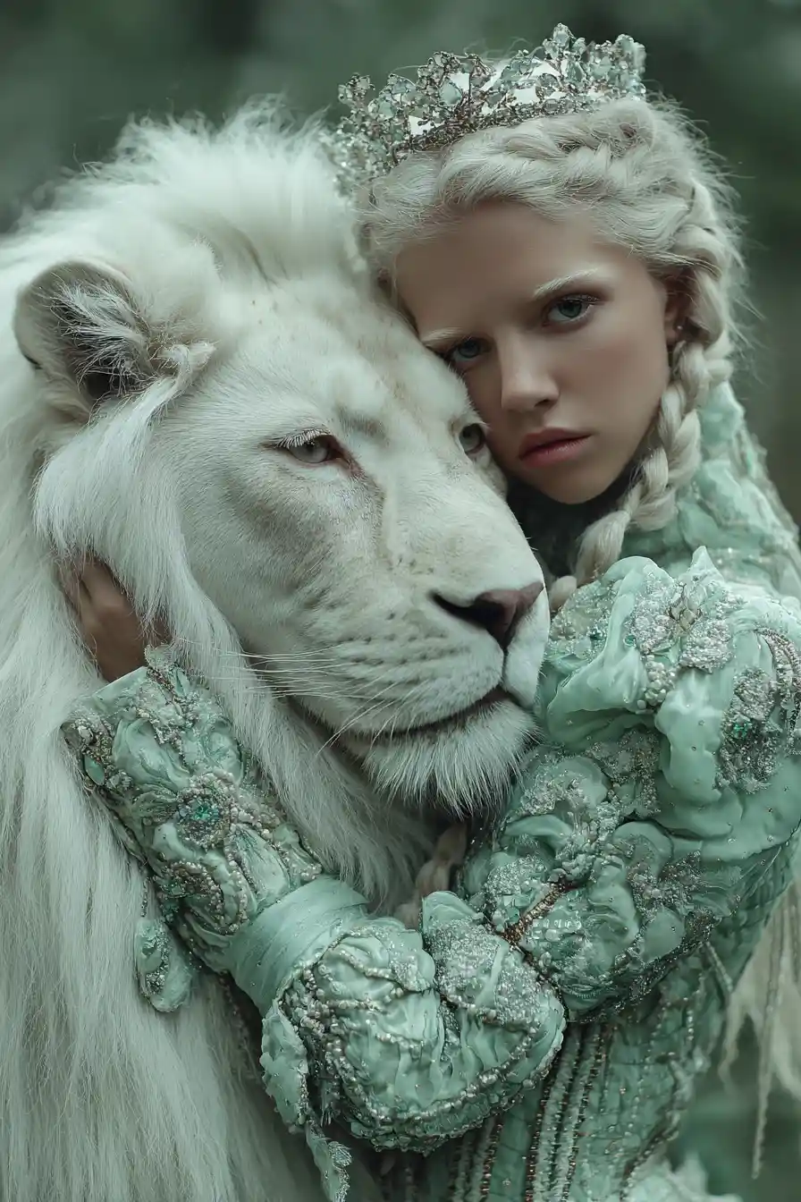 Fantasy princess with white lion in mint green portrait
